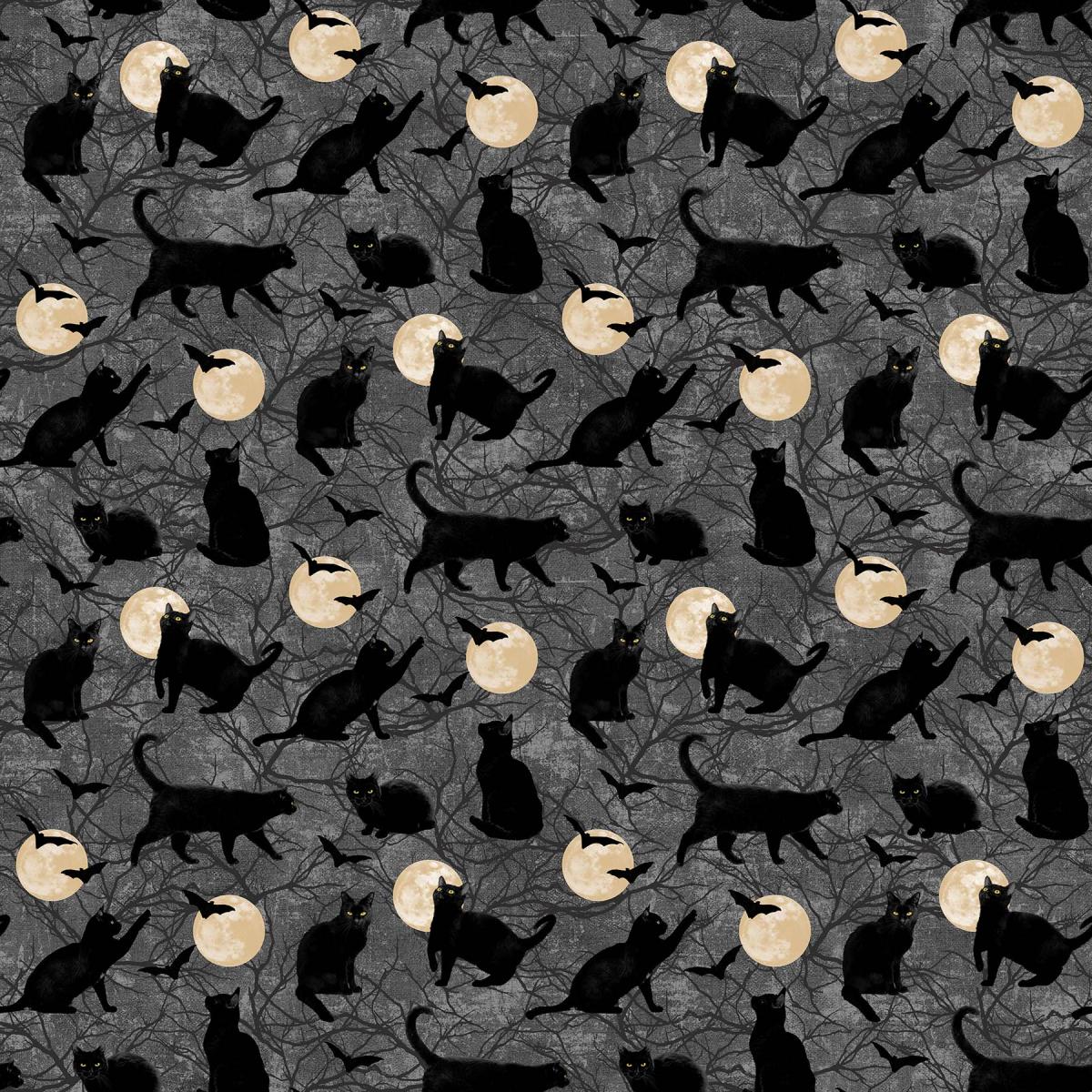Northcott Black Cat Capers 24119-98 kat en maan grijs