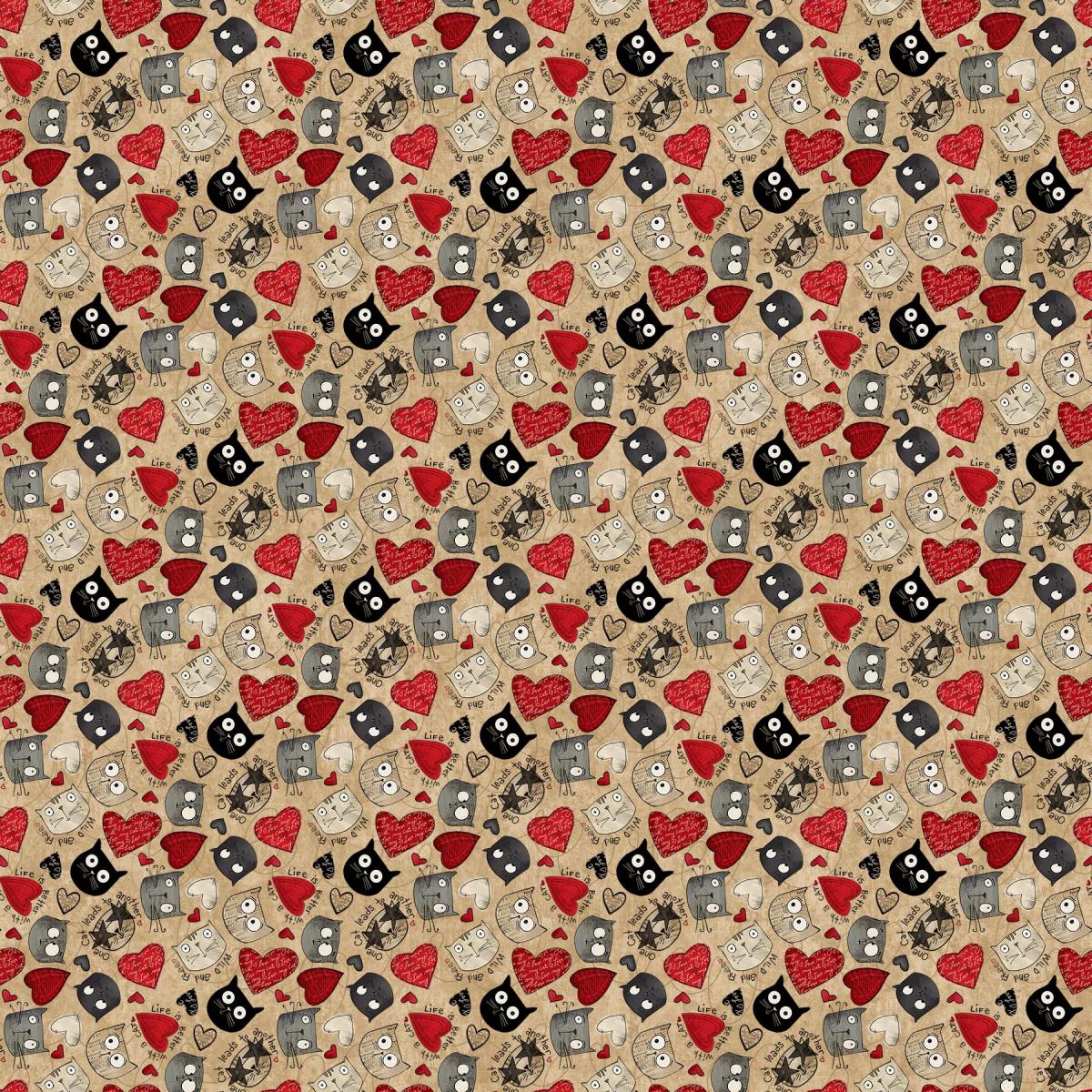 Northcott No Ordinary Cats 24405-14 kattenkopjes & hartjes