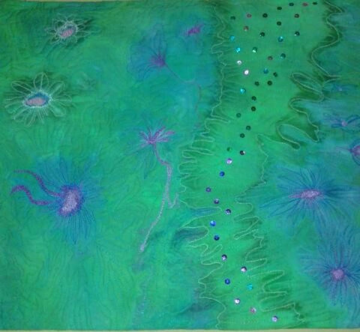Artquilten kleurrijke batiks/watercolors bestikken